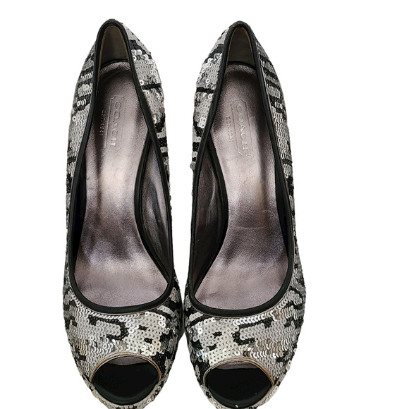 COACH Ashley Sequined Animal Print Open‎ Toe Platform Pumps Women's Size 7.5B - Picture 5 of 14